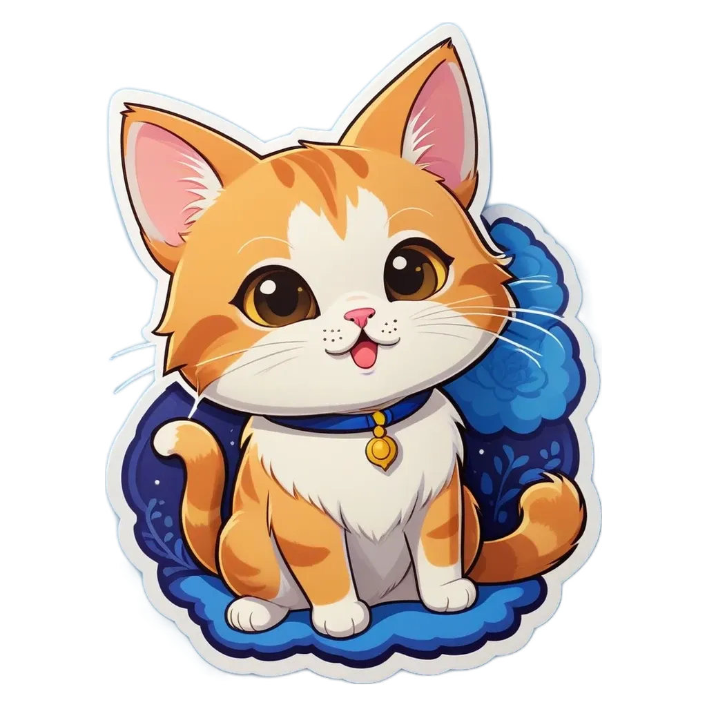 A cartoon cat with a bell around its neck is sitting on a blue cloud.