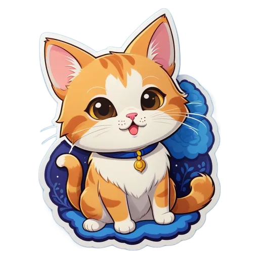A cartoon cat with a bell around its neck is sitting on a blue cloud.