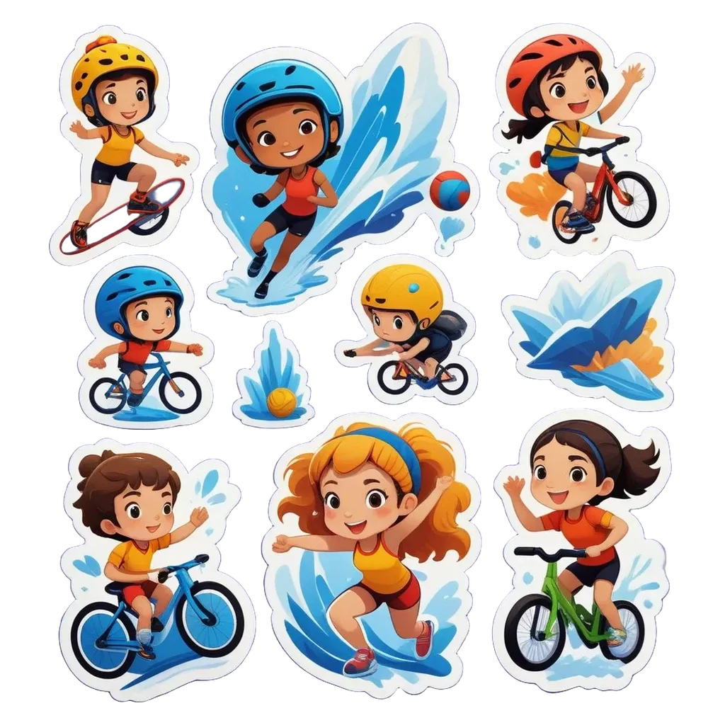 A collection of children playing sports including cycling, skateboarding and surfing.