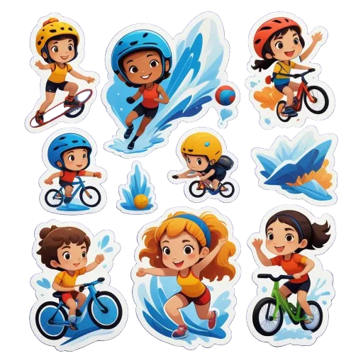 A collection of children playing sports including cycling, skateboarding and surfing.