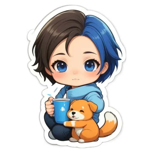 A girl holding a dog and a cup of tea.