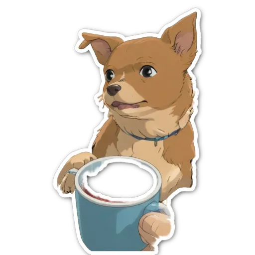 A cartoon dog holding a cup with a beverage.