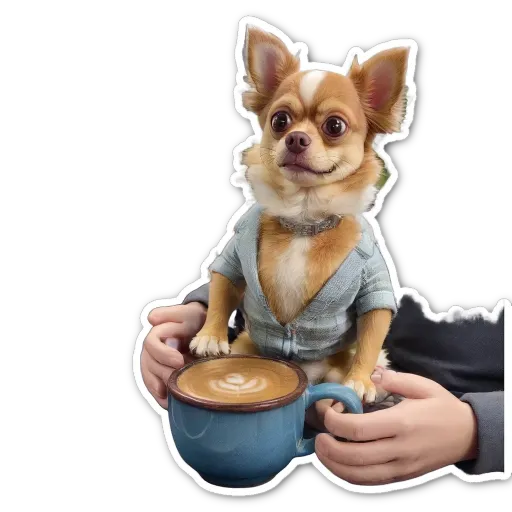 A cute dog wearing a sweater is sitting on a person's arm while they hold a cup of coffee.