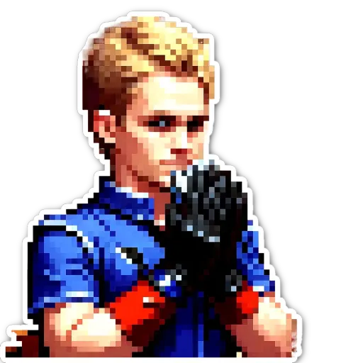 A boy is wearing gloves and a blue shirt.