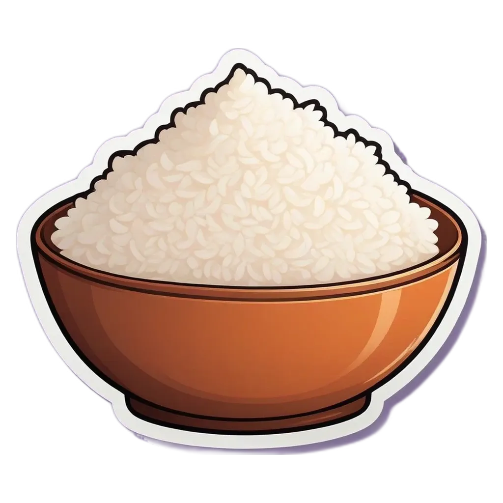 A cartoon drawing of a bowl of rice with a sticker of a bowl of rice.