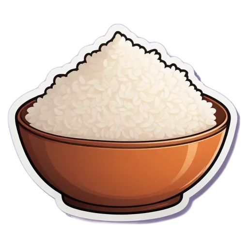 A cartoon drawing of a bowl of rice with a sticker of a bowl of rice.