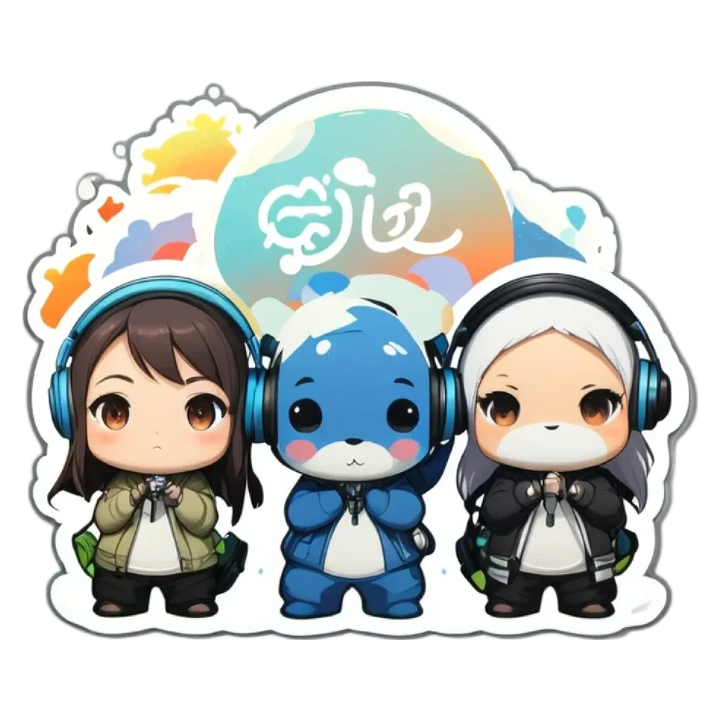 Three girls wearing headphones and a sticker that says "jiu" on it.