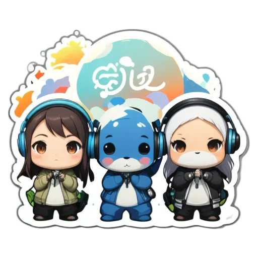 Three girls wearing headphones and a sticker that says "jiu" on it.