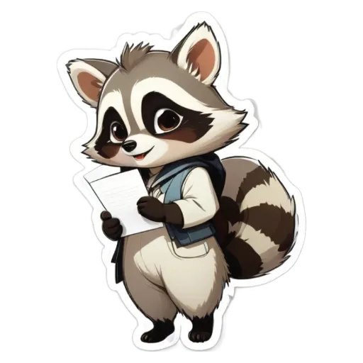 A raccoon reading a piece of paper.