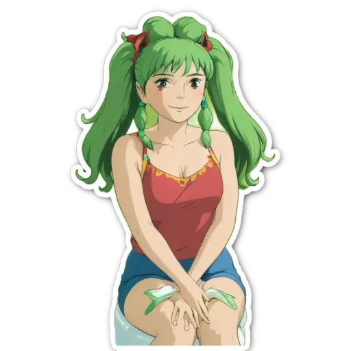 A woman with green hair and a red tank top.