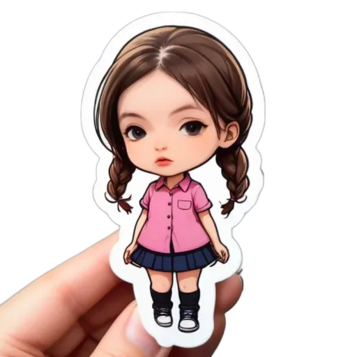 A cartoon girl with pigtails is stuck in a persons thumb.