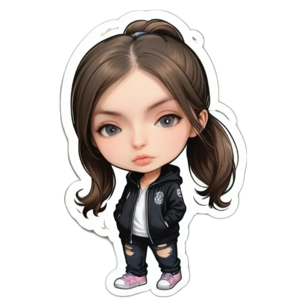 A girl wearing a jacket and her hair in a pony tail is on a sticker.