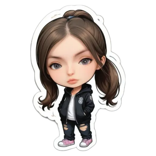 A girl wearing a jacket and her hair in a pony tail is on a sticker.