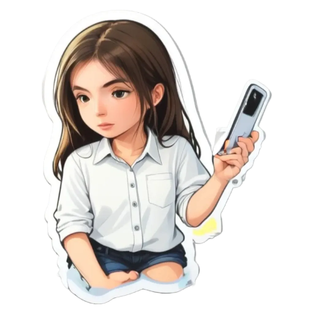 A girl holding a cell phone with a sticker that it is a selfie.