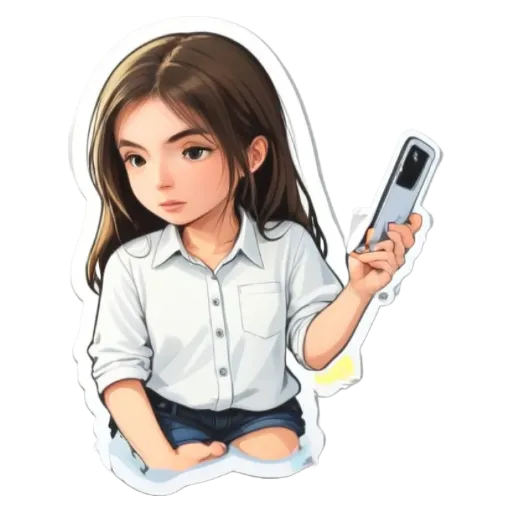 A girl holding a cell phone with a sticker that it is a selfie.