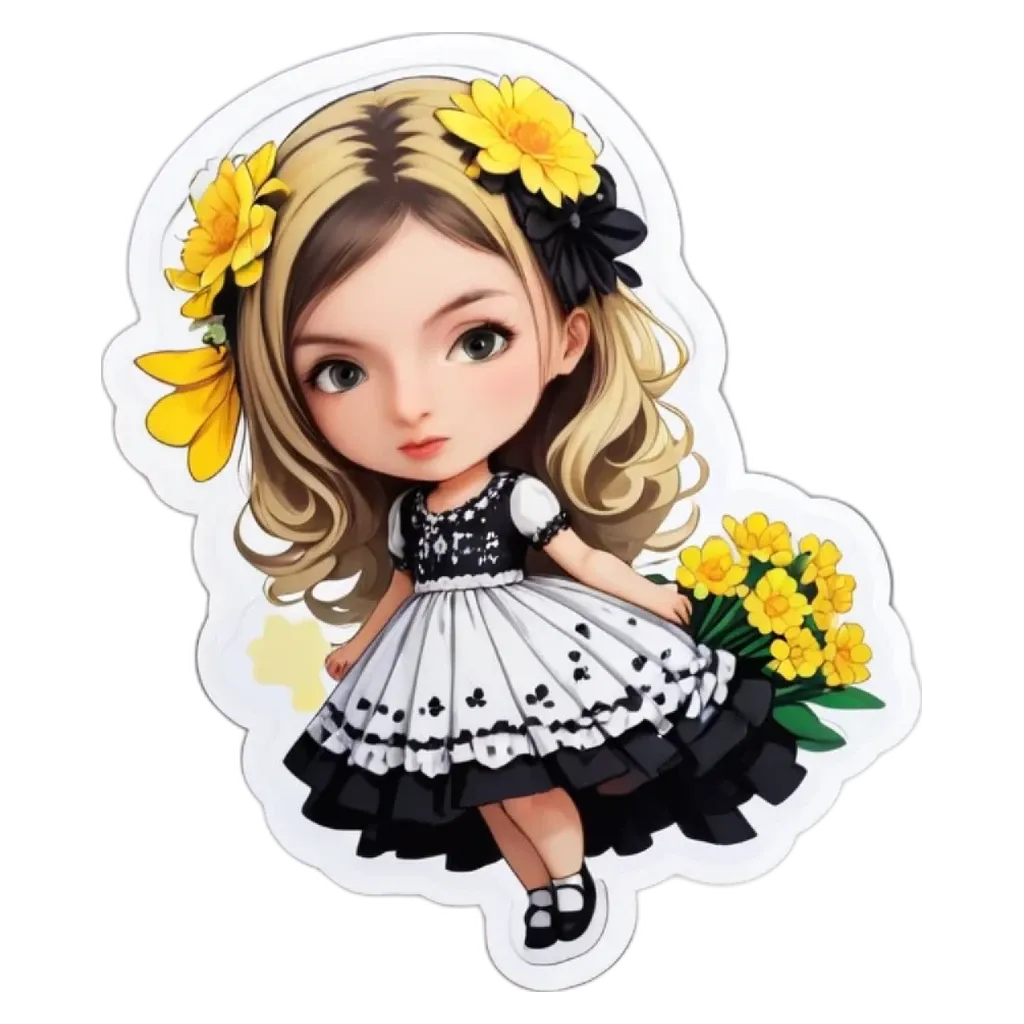 A cartoon girl holding flowers in a dress.