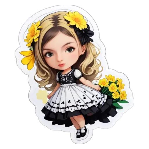 A cartoon girl holding flowers in a dress.