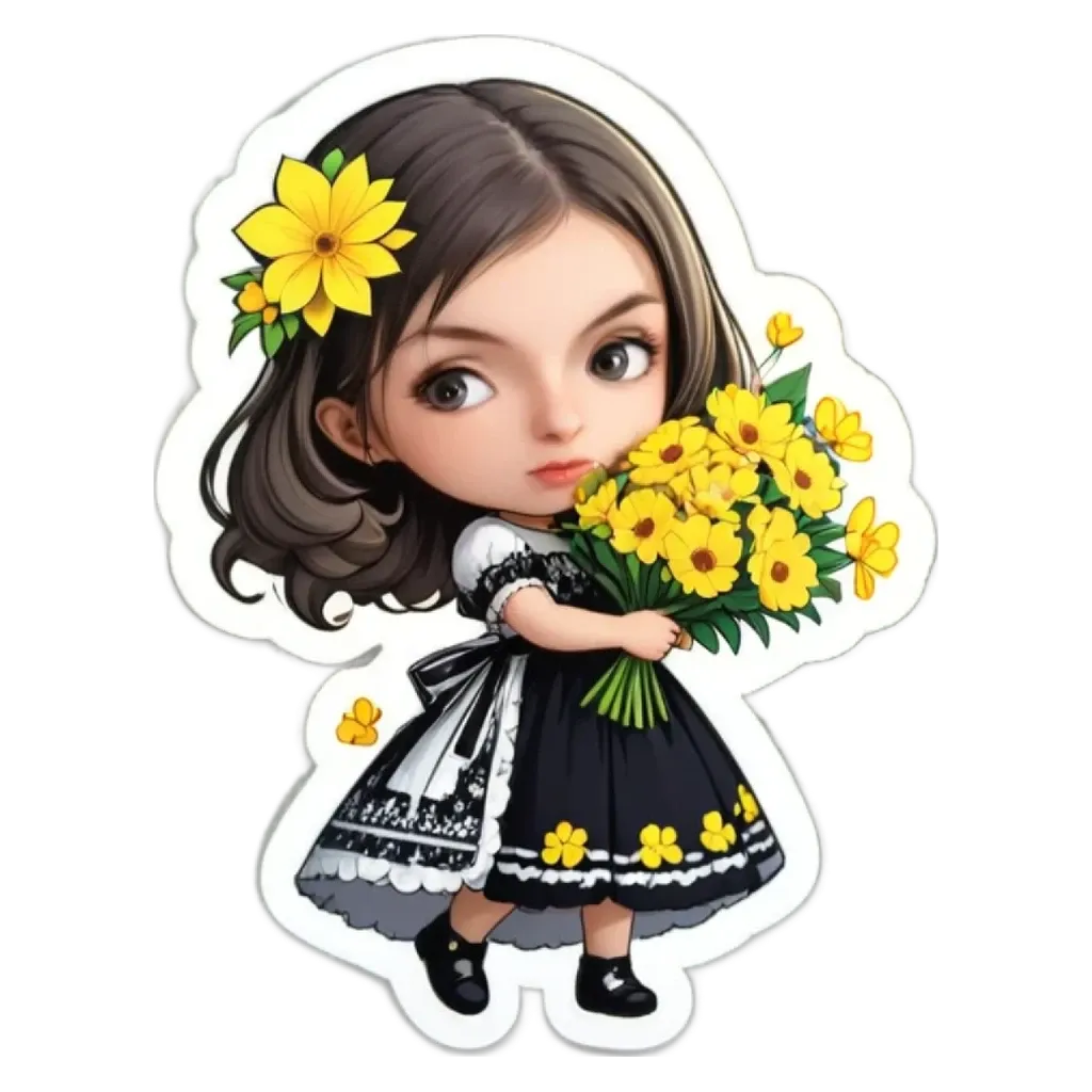 A cartoon girl holding a bunch of yellow flowers.