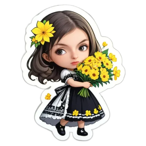 A cartoon girl holding a bunch of yellow flowers.