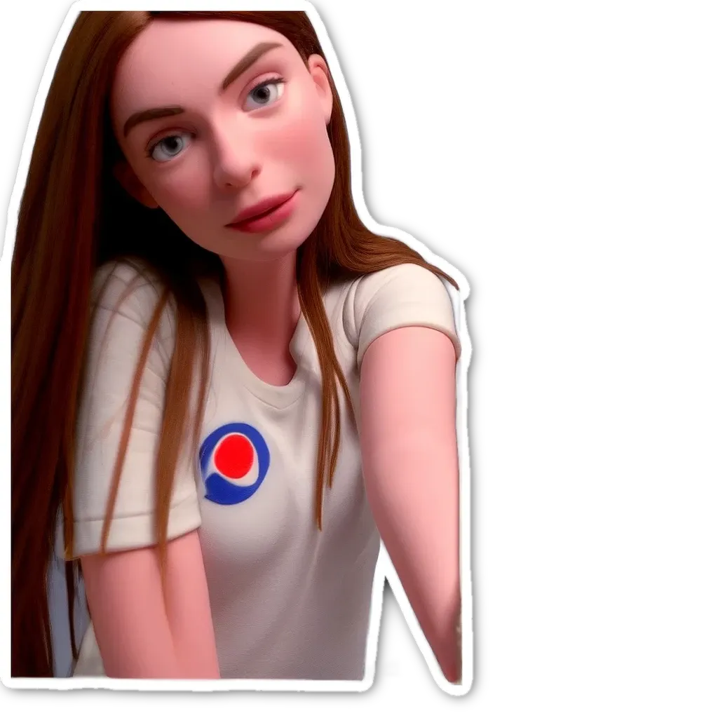 A girl wearing a Pepsi shirt is looking at the camera.