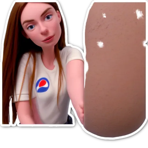 A woman with a blue eyes wearing a white Pepsi t-shirt.