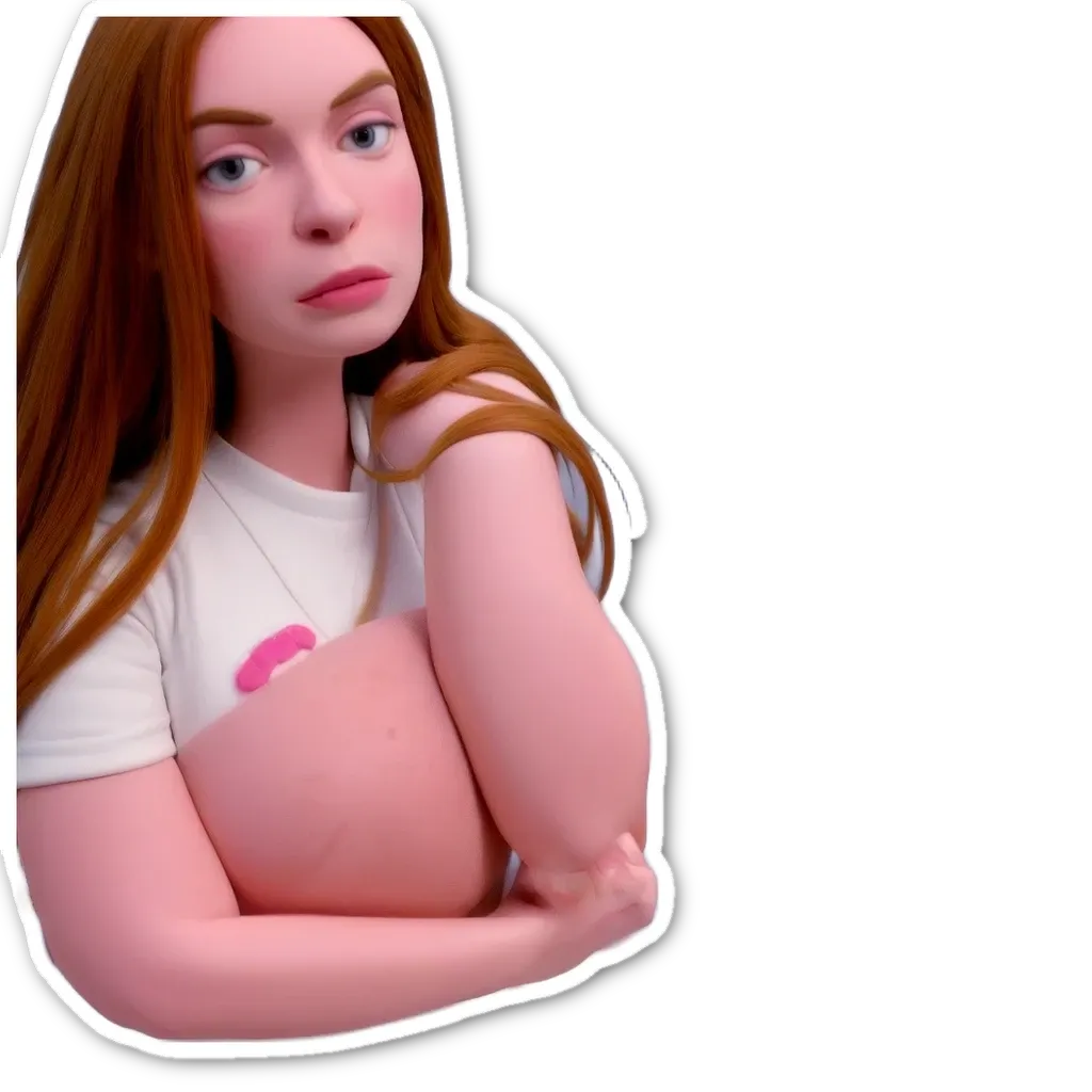 A woman with a large bust is wearing a white shirt.