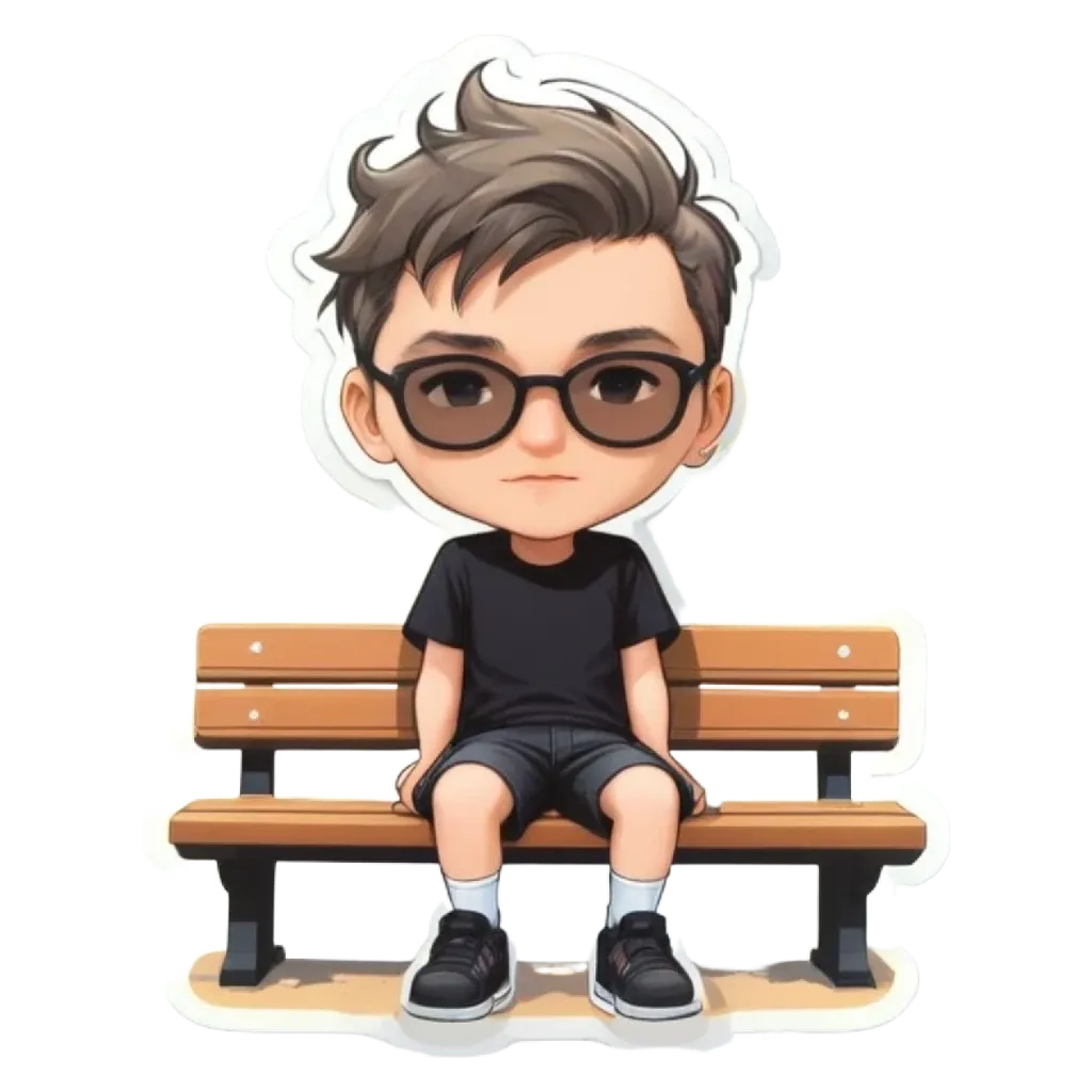 A boy sitting on a bench wearing black and glasses.
