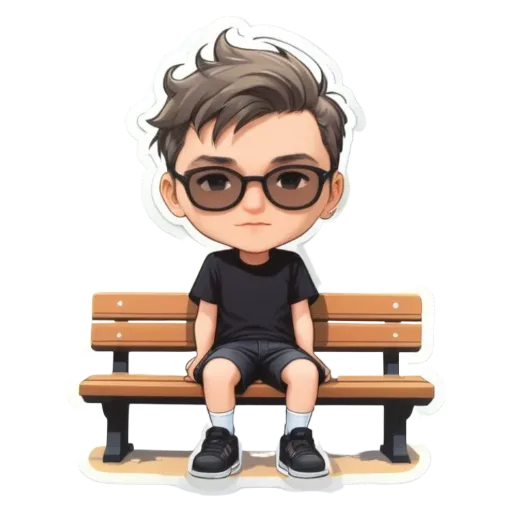 A boy sitting on a bench wearing black and glasses.
