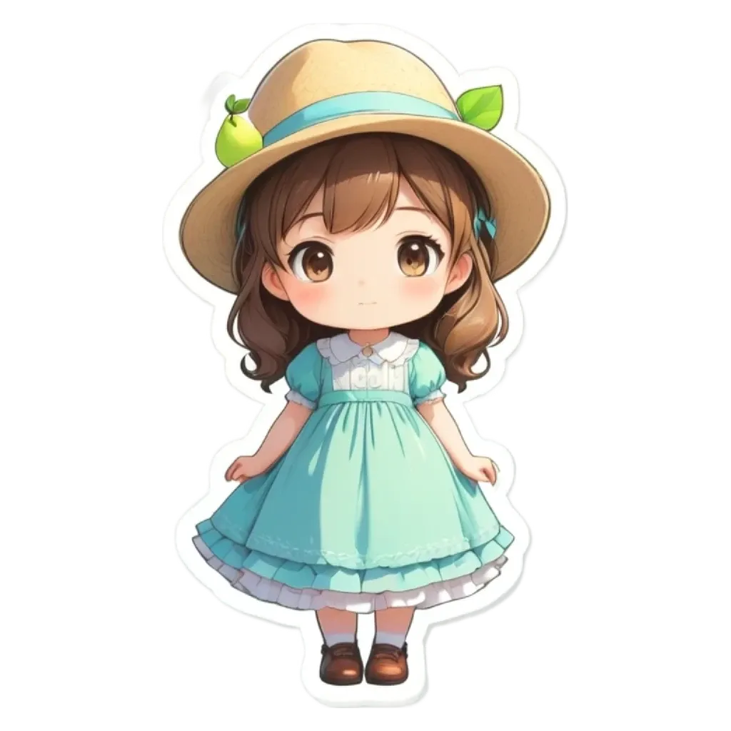 A girl wearing a green dress with a hat is standing up.