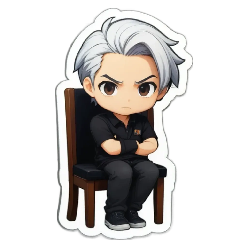 A boy with a sticker in his right hand is sitting in a chair with his arms crossed.