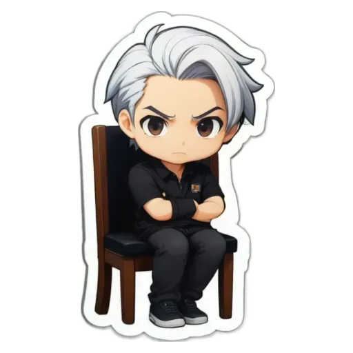 A boy with a sticker in his right hand is sitting in a chair with his arms crossed.