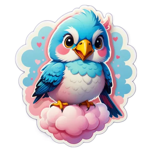 A cartoon blue and white bird standing on a cloud.