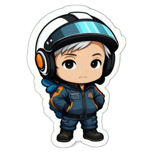 A boy wearing a helmet sticker that is colorfully illustrated.
