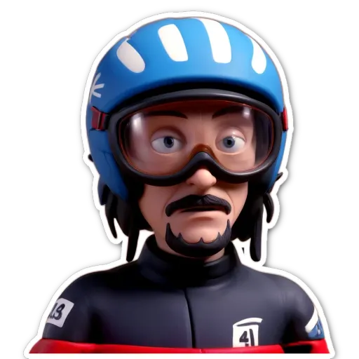 A sticker of a man in a racing suit with a blue helmet.