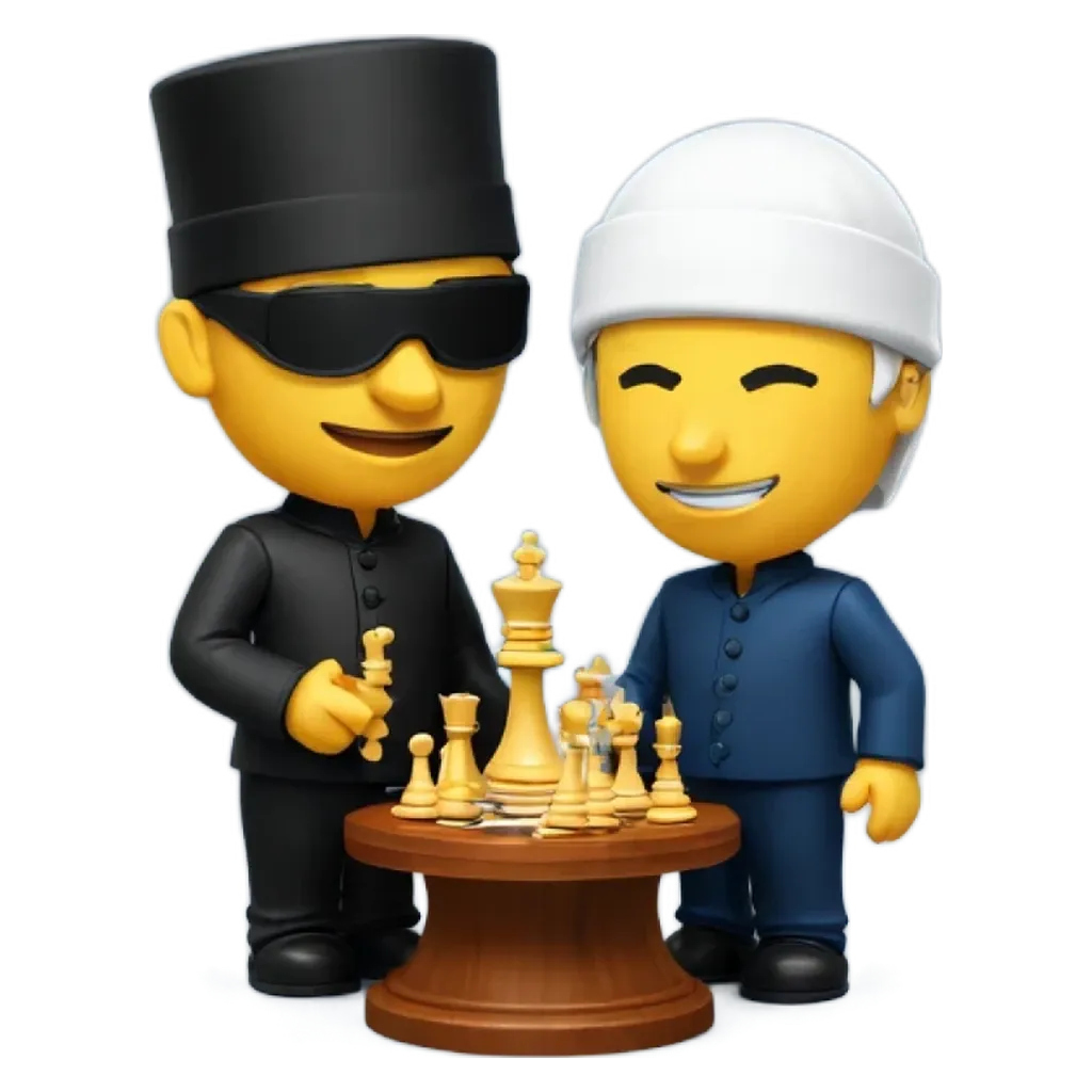 A couple of figures playing chess, one of which is wearing a hat.