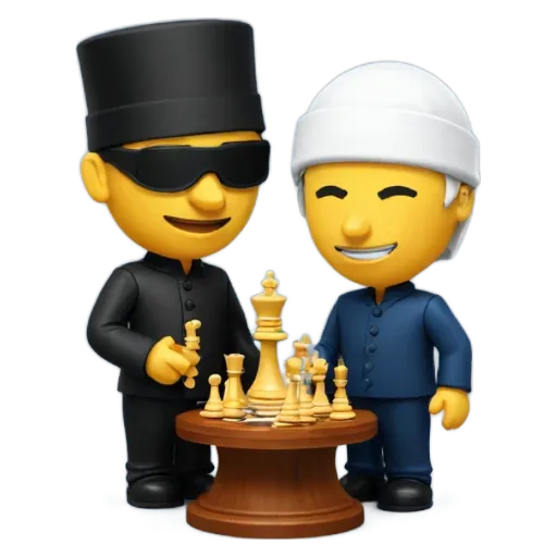 A couple of figures playing chess, one of which is wearing a hat.