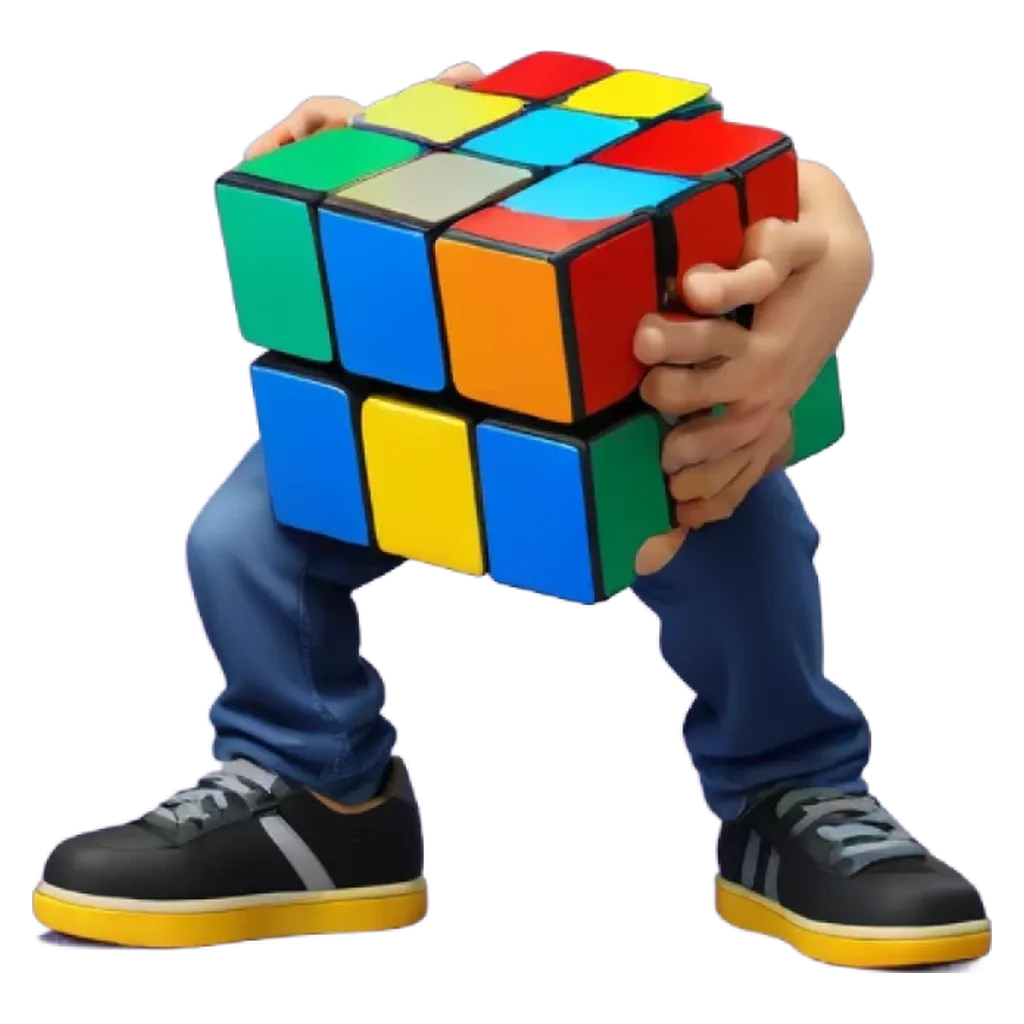 A person holding a Rubik's cube in one hand and a leg in the other.