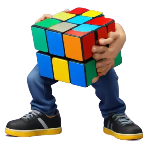 A person holding a Rubik's cube in one hand and a leg in the other.