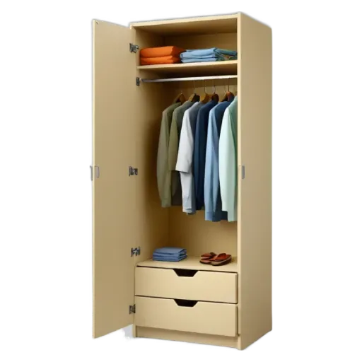 A long, beige wardrobe with two drawers and an open door.