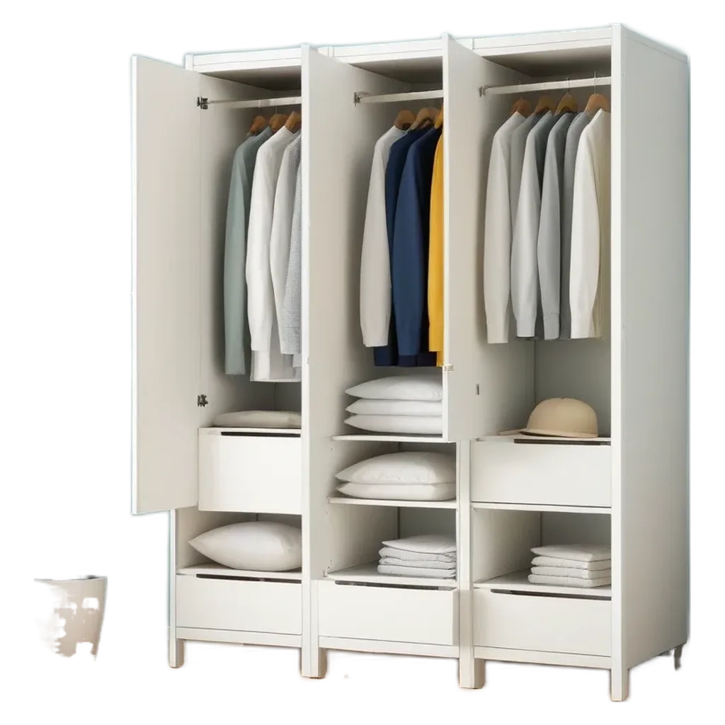Three closets are open and empty, with clothes hanging inside.