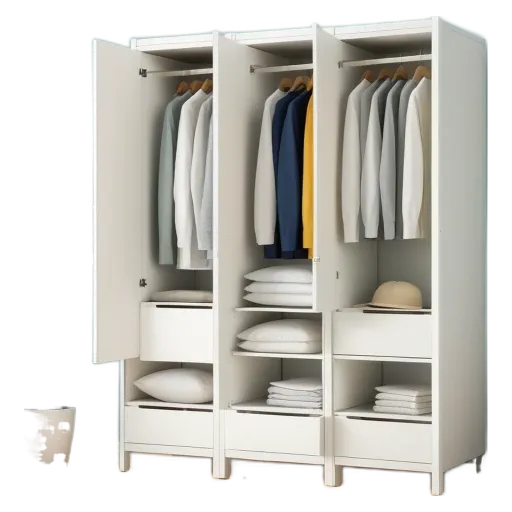 Three closets are open and empty, with clothes hanging inside.
