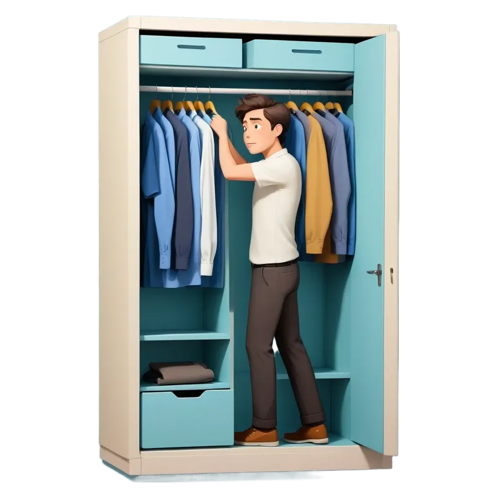 A cartoon of a man looking in his blue wardrobe.