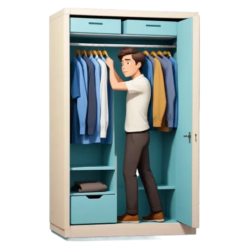 A cartoon of a man looking in his blue wardrobe.