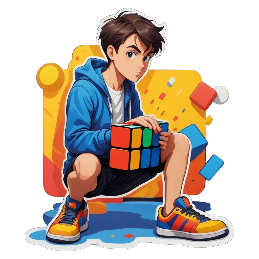 A young boy is holding a Rubik's cube in front of a black background.