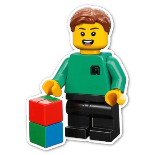 A green lego man holding two red lego blocks.