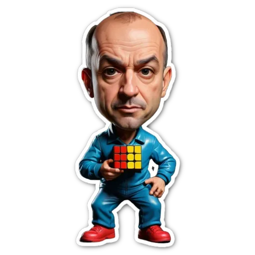 A sticker of a man holding a Rubik's cube.