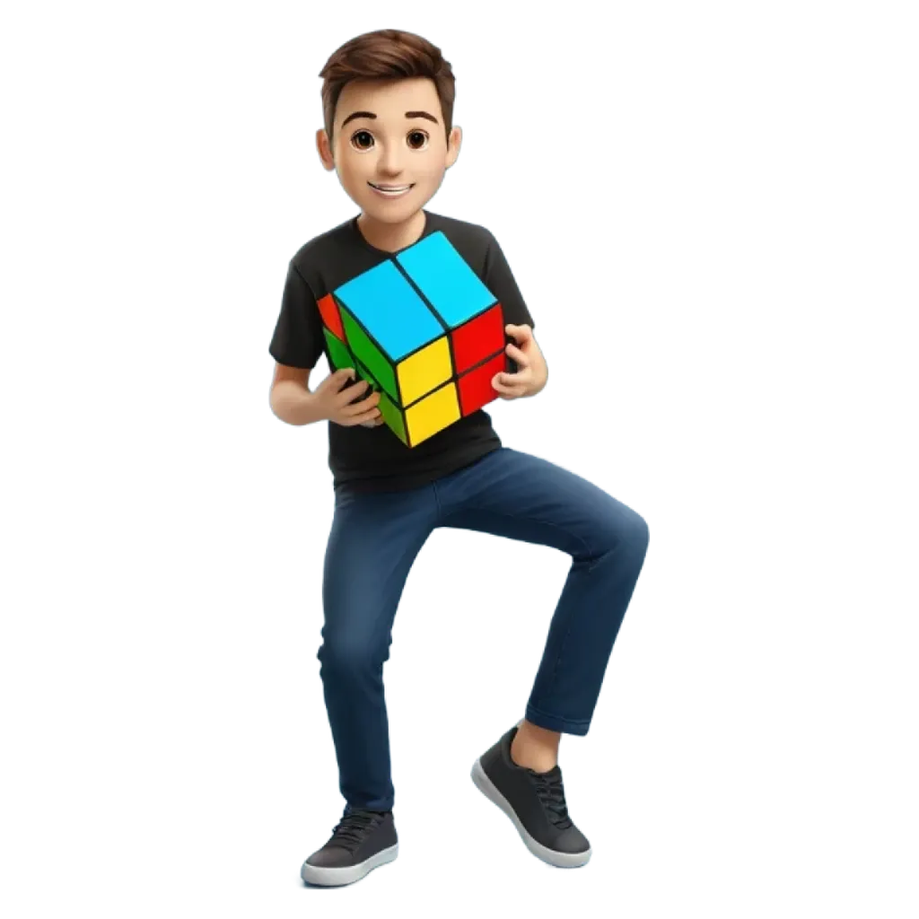 A boy in a black shirt holding a Rubik's cube.