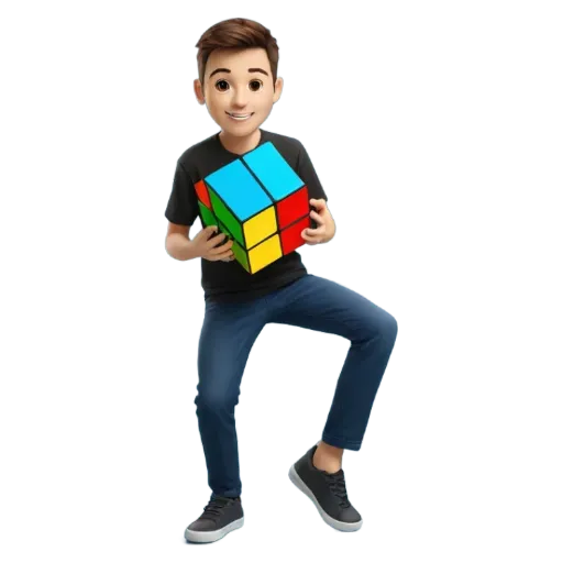 A boy in a black shirt holding a Rubik's cube.