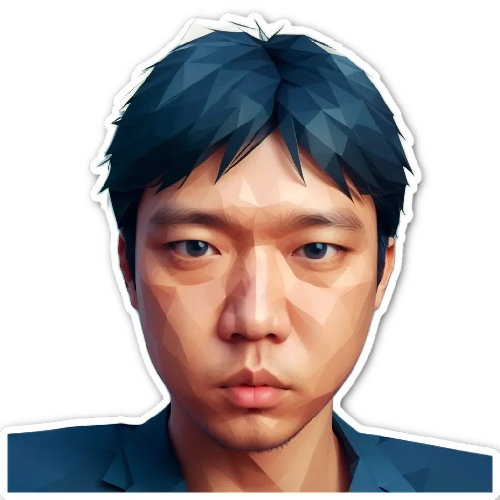 A man's face is generated using polygons and he is wearing a blue shirt.