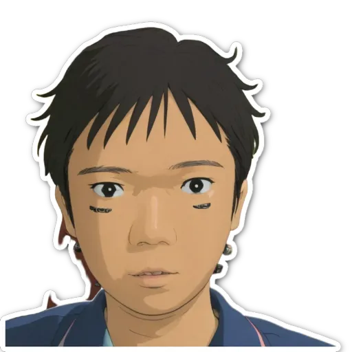 A boy with black hair and blue shirt who has kinks in his hair.